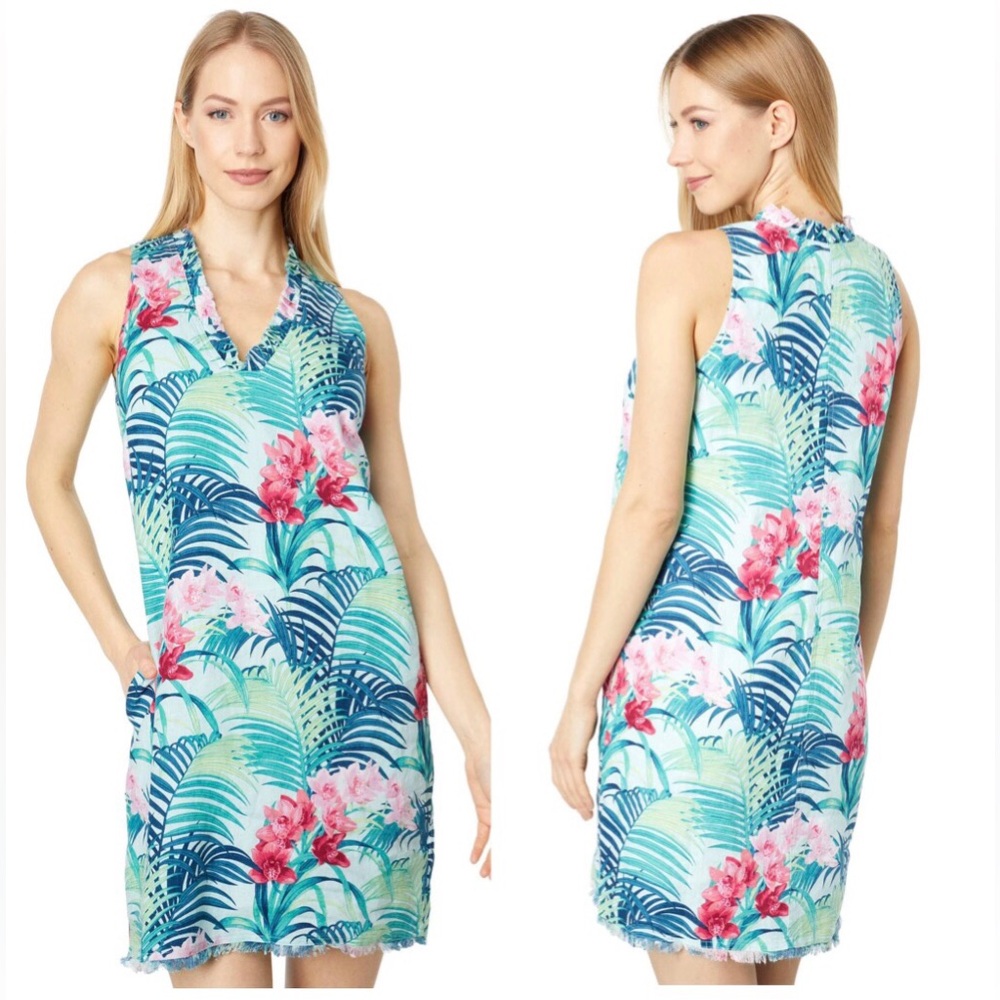 Tommy Bahama Florida Fauna Ruffle Linen Tropical Floral Frayed Hem Shift Dress S